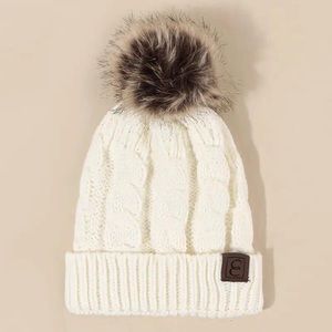 Beanie Pom Pom- white cable knit hat with fleece lining.  New
